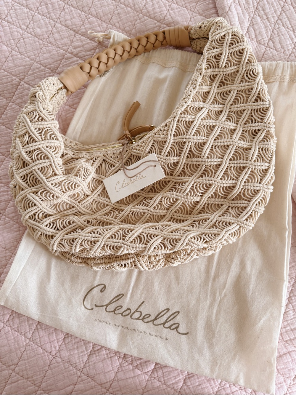 Cleobella Cream Macramé Shoulder Bag with Braided Handle